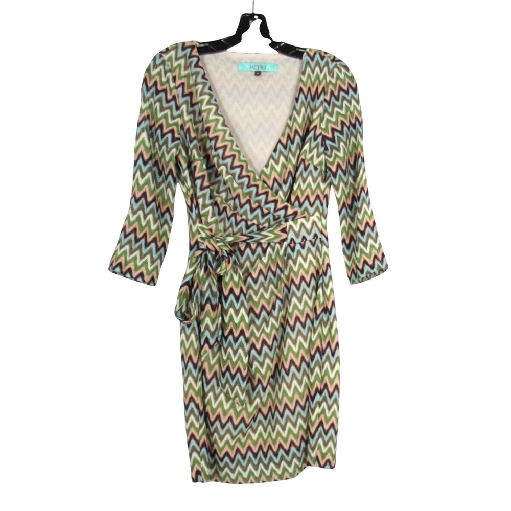 KARLIE Lined CROCHET Green/Brown/Teal CHEVRON Deep V-Neck FAUX WRAP DRESS Sz M